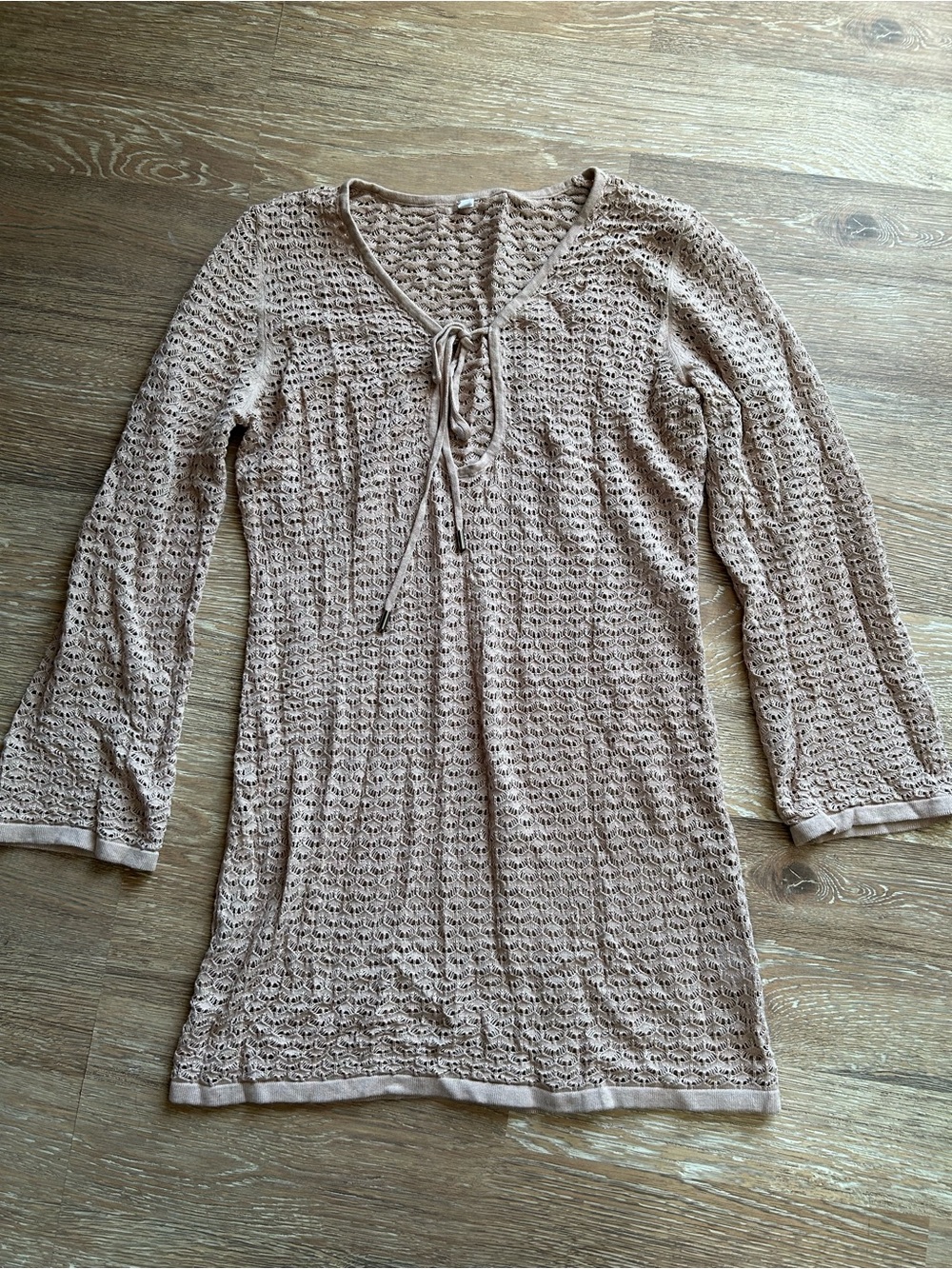 Beige Crochet Knit Tie-Front Tunic